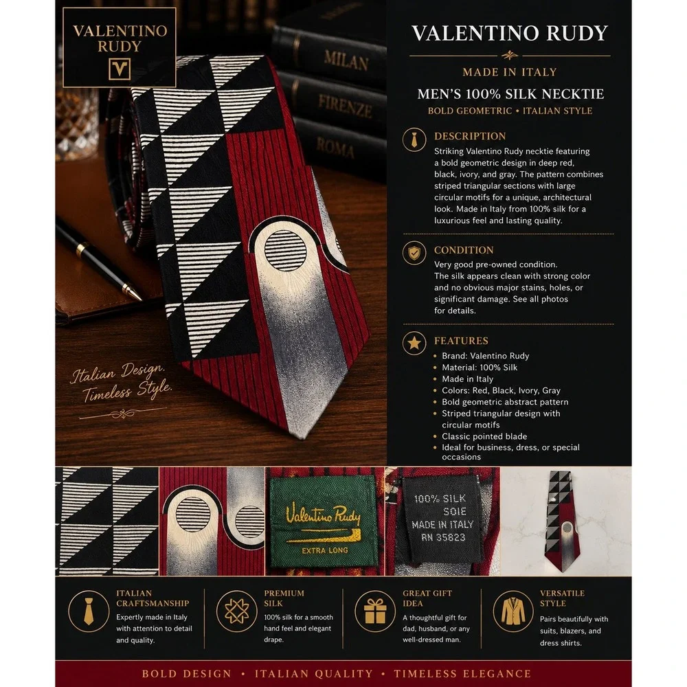 Valentino Rudy Men's 100% Silk Tie Made in Italy Red Black Geometric Abstract